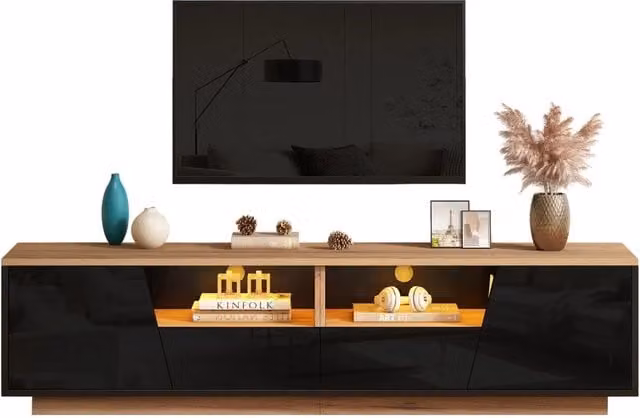 Mobile TV Minimal Nero effetto legno con illuminazione LED integrata, adatto per TV fino a 75 pollici, L/P/H: 180 x 40 x 46 cm