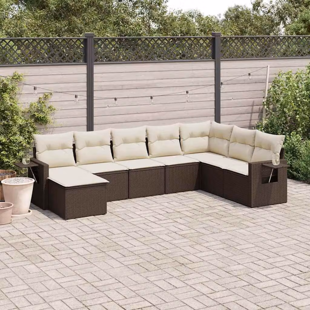 Set di divani da giardino vidaXL a forma di L composto da 8 pezzi in polyrattan marrone con cuscini bianchi e imbottitura rimovibile – 1