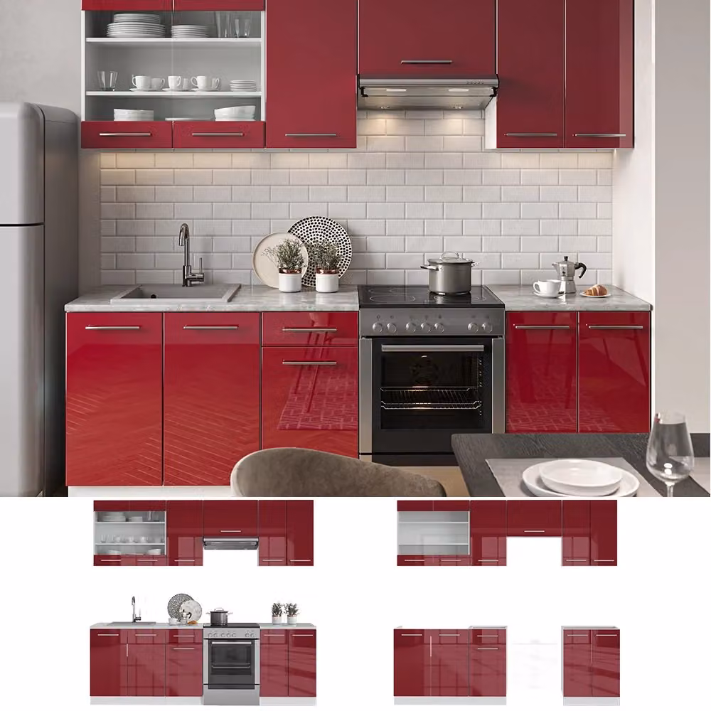 Cucina componibile moderna Fame-Line Vicco in MDF con ante lucide Bordeaux e Bianco e piano Rovere, L: 240 cm – 2
