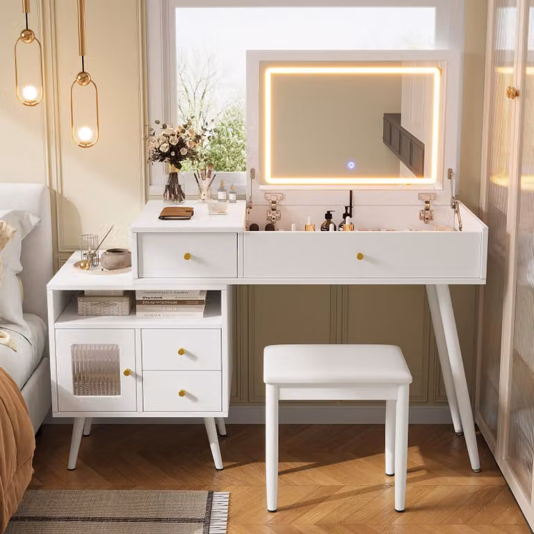 Merax: toletta con specchio ribaltabile a LED con 3 tonalità di luce, toletta 2 in 1, scrivania con sgabello, 3 cassetti, comò da trucco, bianco