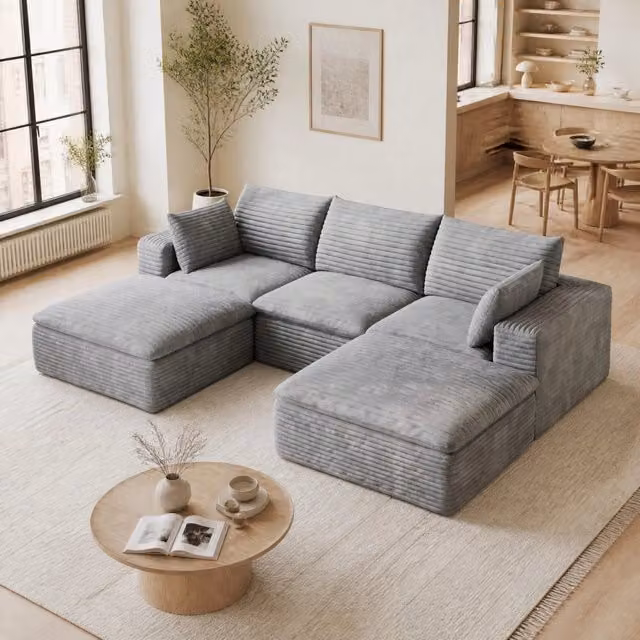 Divano modulare in tessuto grigio con imbottitura in schiuma; design componibile senza telaio in legno