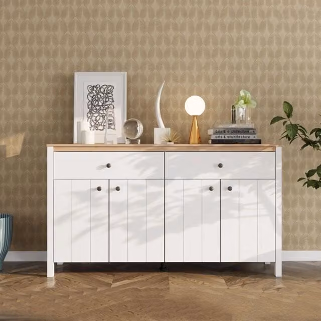 Madia Belve DMORA, Credenza moderna con 3 ripiani, Bianco e Rovere, L: 163 cm, P: 40 cm, H: 92 cm