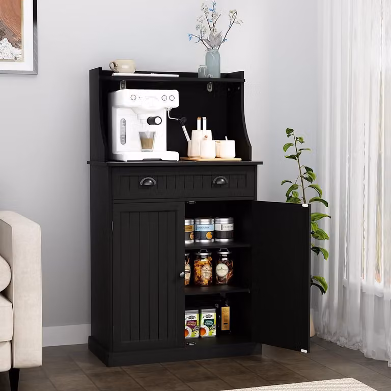 Mobiletto da cucina, pensile per microonde, colore nero, con ripiano regolabile, dimensioni 40x76x137 cm