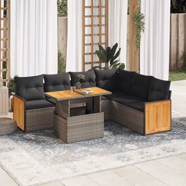 Set di Divani da Giardino a L vidaXL in Polyrattan e Legno di Acacia con Cuscini Grigio – 1