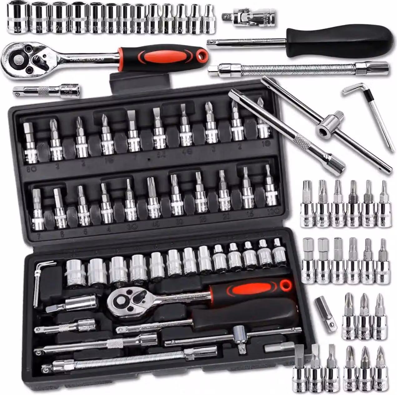 Set di chiavi a bussola da 46 pezzi con cricchetto e inserti TORX in acciaio, in valigetta