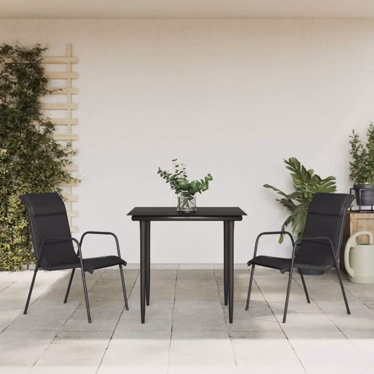 The Living Store Set da pranzo da giardino a 3 pezzi in acciaio nero e textilene