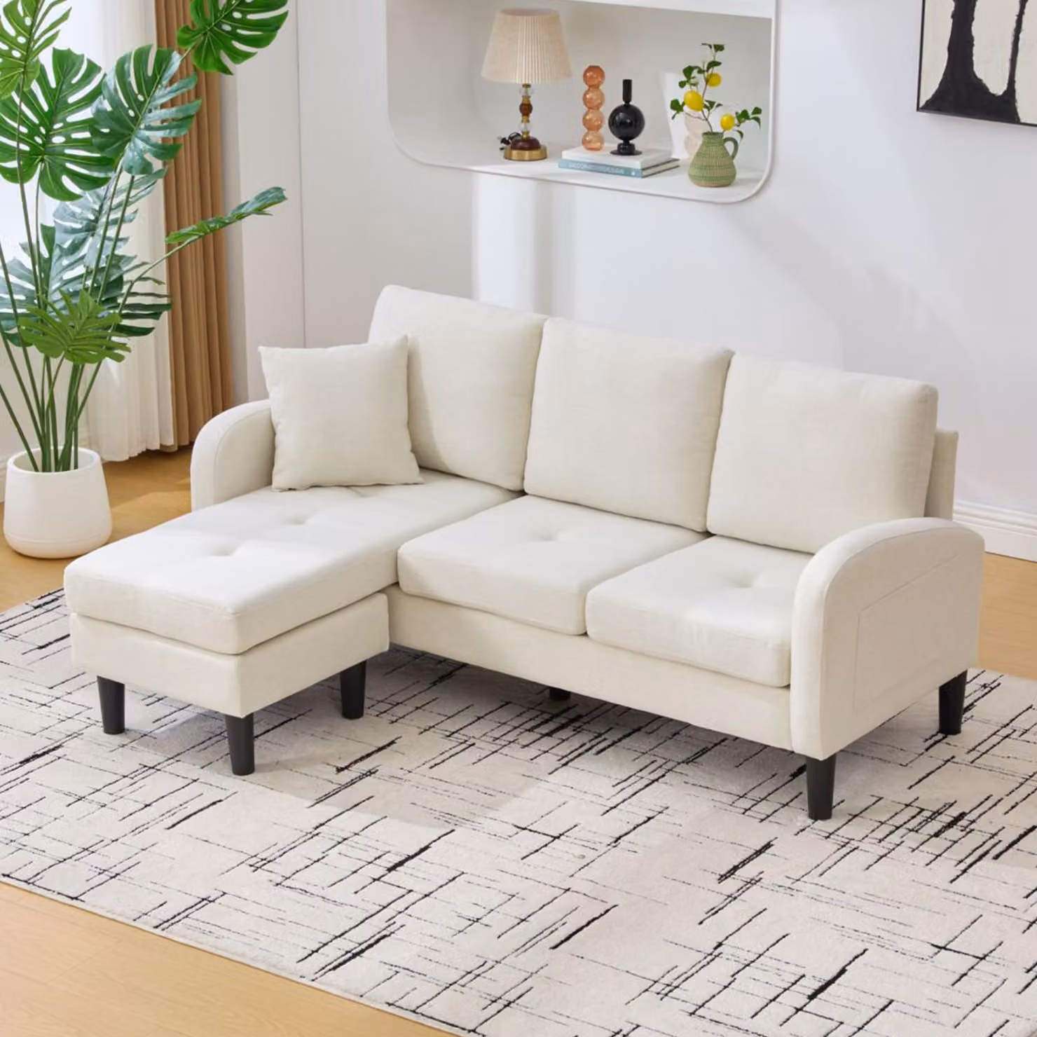 Divano ad L Merax con chaise longue, divano a 3 posti in velluto e corduroy con struttura in legno massello, divano modulare da salotto con gambe in plastica, bianco
