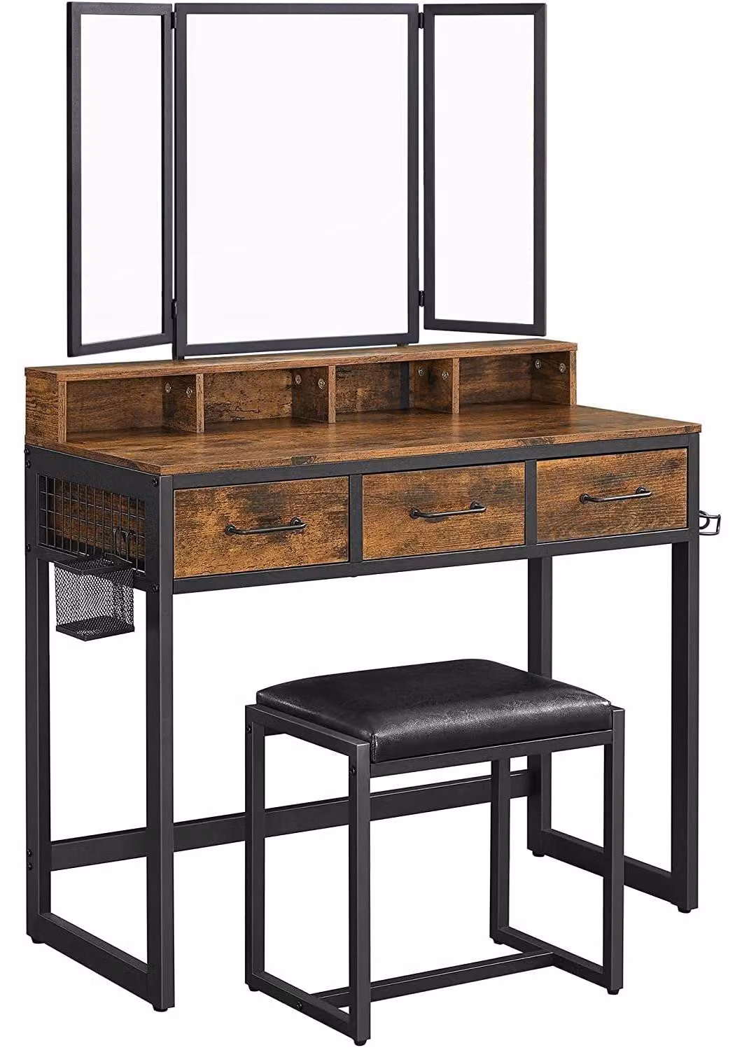 Set da trucco con specchio pieghevole, 3 cassetti e sgabello – Stile industriale, marrone/nero