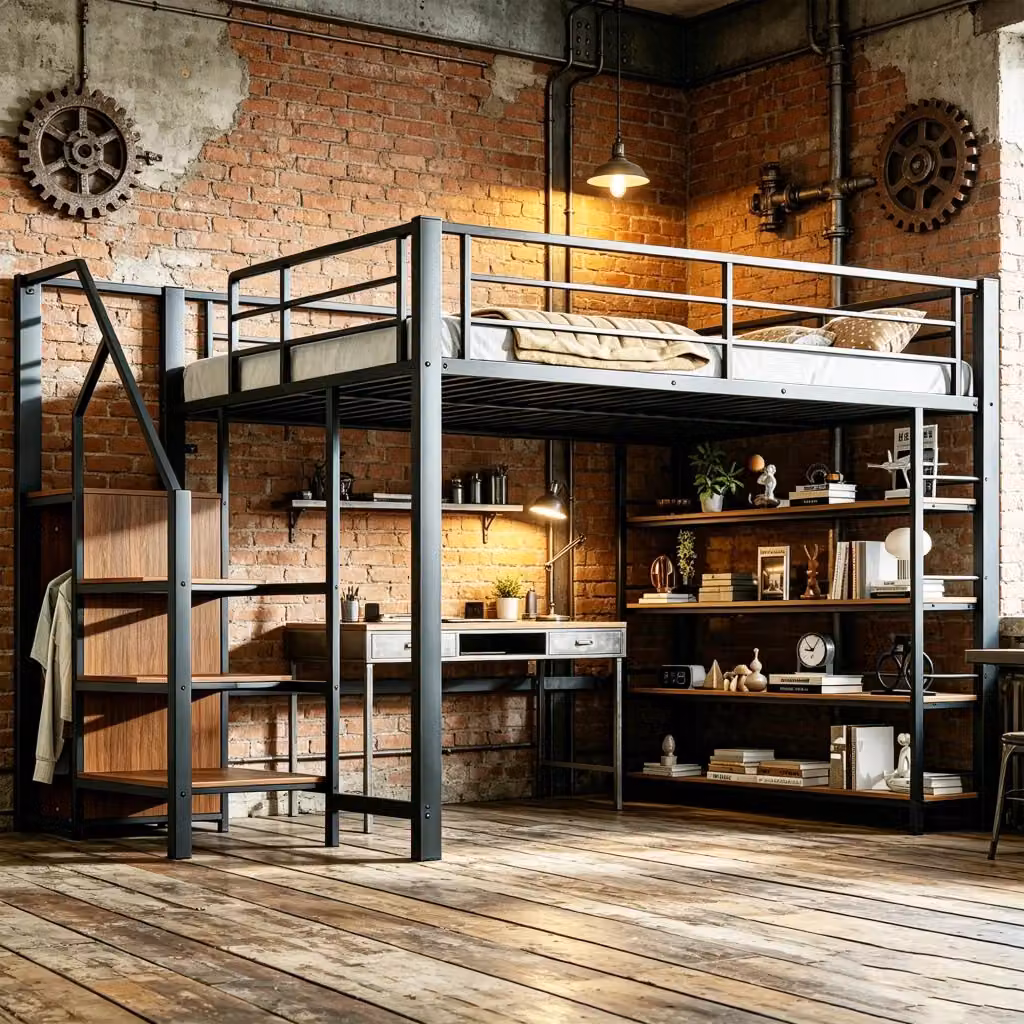 Letto a castello WISHDOR in metallo e MDF con scala contenitore, armadietto e mensole, nero, L/P/H: 200 x 140 x 170,5 cm – 2