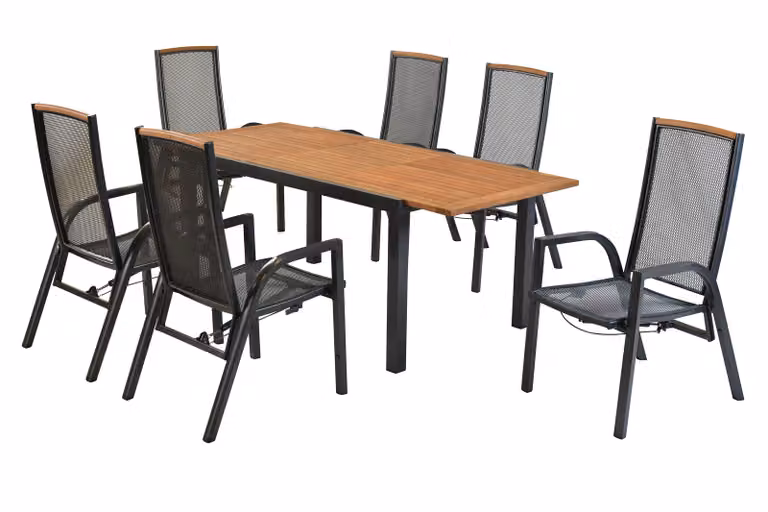 Set di mobili da giardino Merxx Tilos 7 pezzi, 6 poltrone regolabili, tavolo allungabile 150 (200) x 90 cm - alluminio/acacia