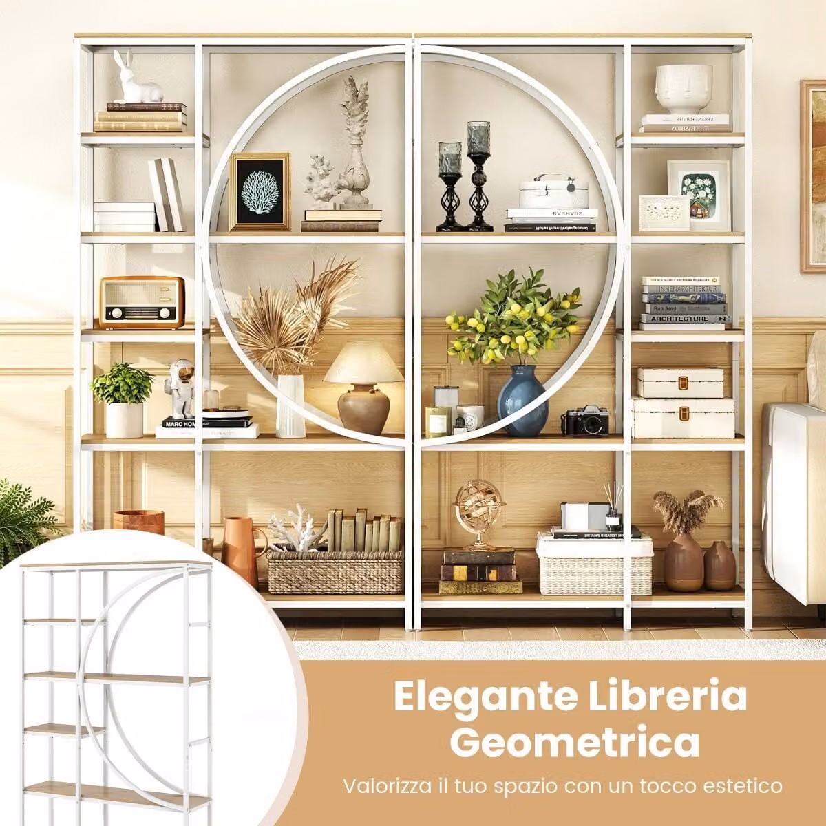 Set di 2 librerie moderne Costway con 6 ripiani aperti design a mezzaluna in metallo bianco opaco per ufficio domestico