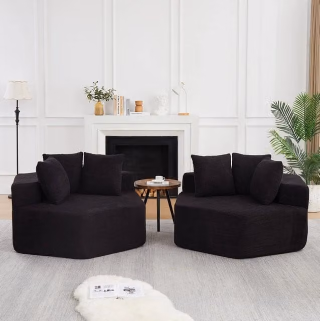Poltrona lounge modulare ULEVR esagonale in ciniglia nera con 3 cuscini, imbottitura in schiuma e molle