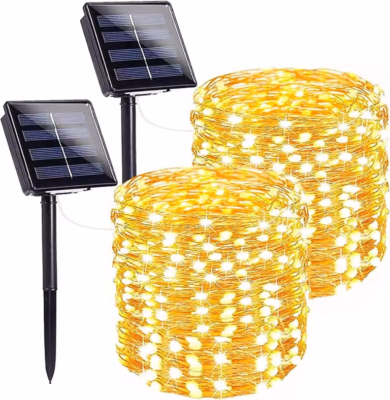 Catena luminosa solare con 120 LED, 12 metri, 8 modalità, luce bianco caldo, confezione da 2