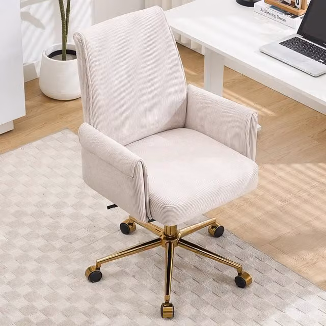 Sedia da Ufficio Ergonomica MINIMAL Girevole con Schienale Medio in Tessuto a Righe Bianco e Dettagli Oro