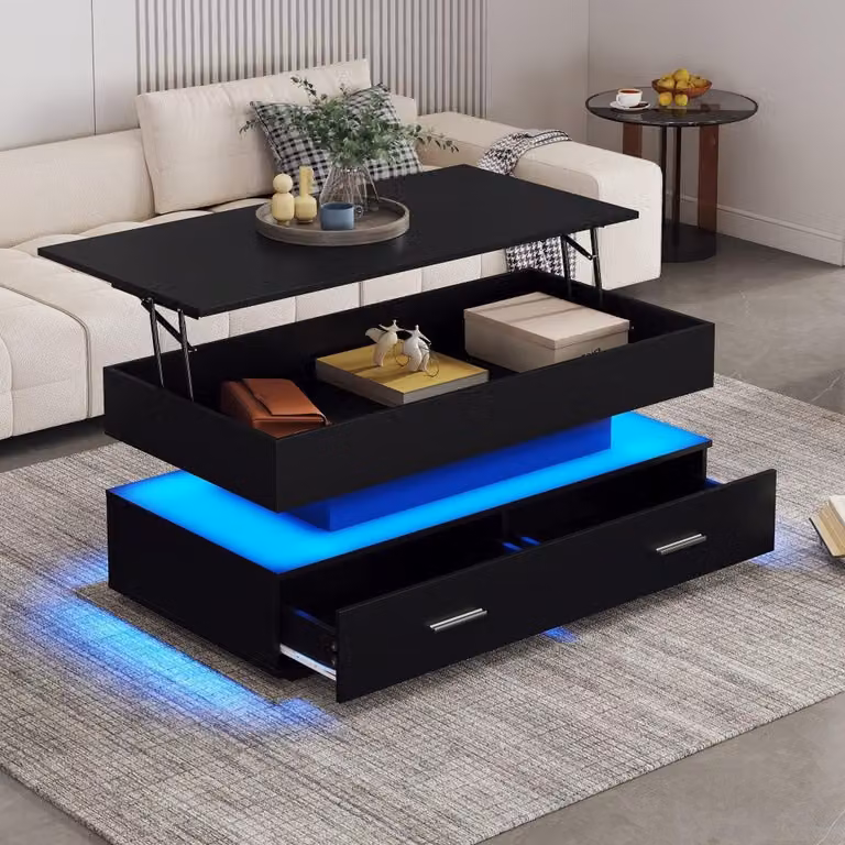 Tavolino da salotto regolabile con spazio contenitivo, dotato di due cassetti e vani a giorno, dal design moderno