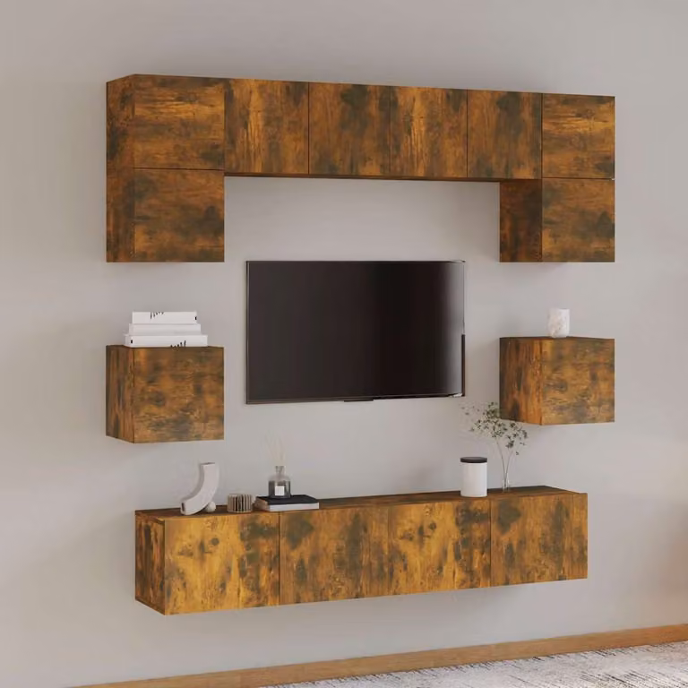 Set di mobili porta TV vidaXL da 8 pezzi in legno multistrato e MDF color rovere fumo marrone con finitura opaca per soggiorno