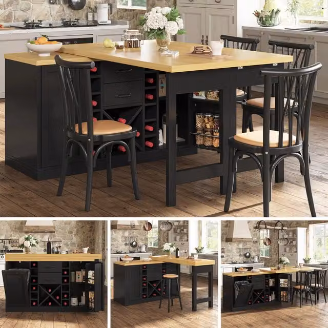 Tavolo da pranzo isola cucina girevole 360° 120 223 cm portavino porta sacchetti bianco/nero