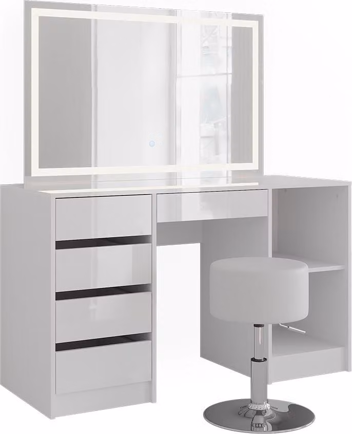 Tavolo da toeletta Vicco Sherry Bianco/Bianco lucido 128.2 cm con specchio LED e sgabello, Model 57630