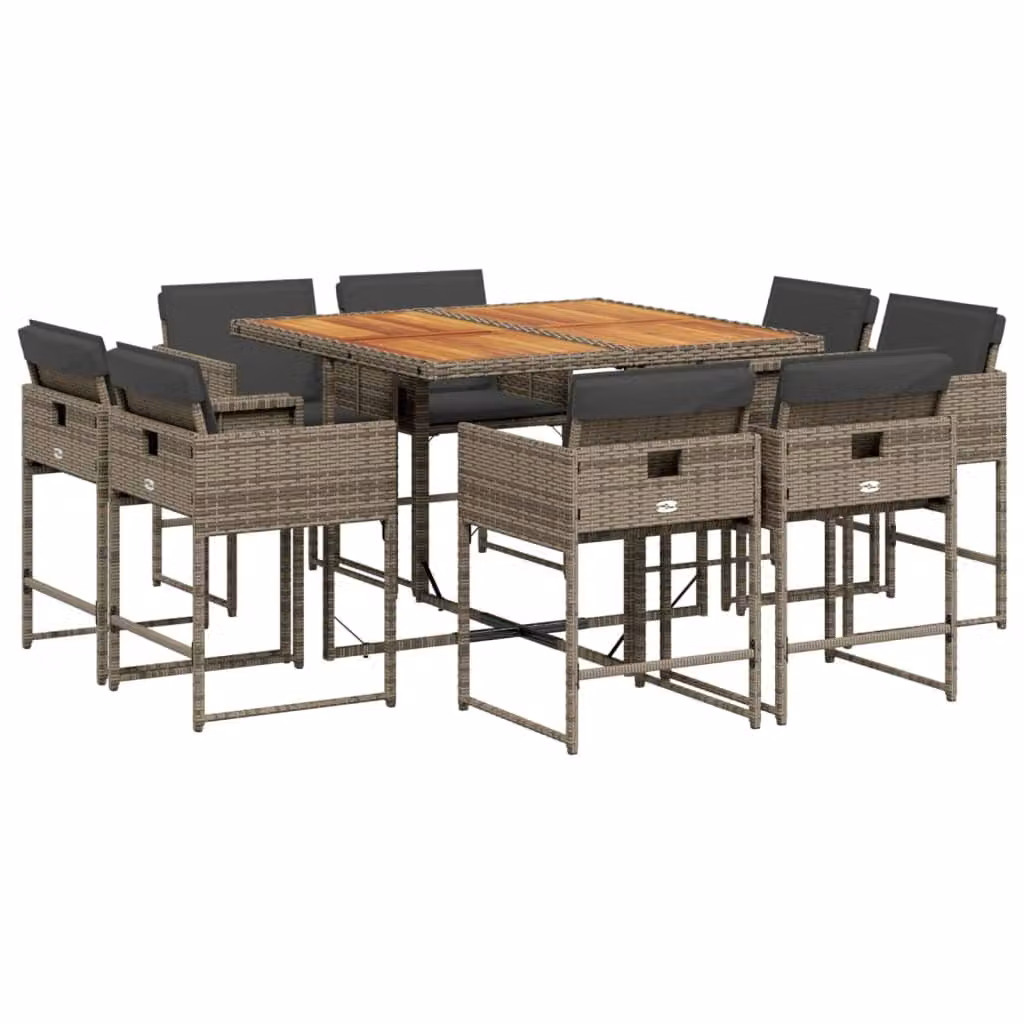 Set da Pranzo da Giardino 9 pz con Cuscini in Polyrattan Grigio