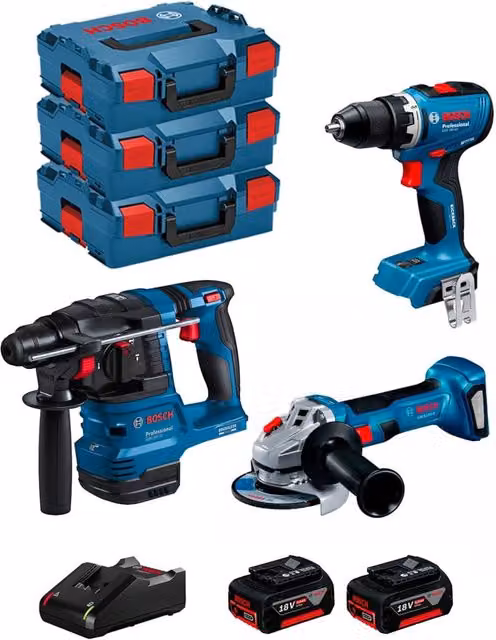 Kit Bosch 0615A5009G con Avvitatore GSR 18V-65, Perforatore GBH 18V-22, Smerigliatrice GWS 18V-8, 2 Batterie da 5,0 Ah, Caricabatterie GAL18V-40 e 3 L-Boxx 136