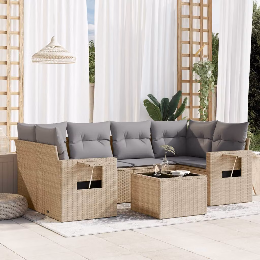 vidaXL Set Divani da Giardino 7 pz in Polyrattan con Cuscini Beige e Tavolino da Esterno – 1