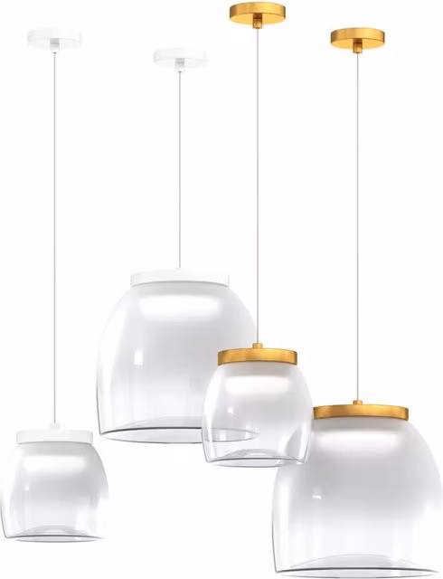 Lampadario a sospensione moderno Drum in metallo oro e vetro trasparente con luce LED da 8W bianca calda e regolabile in altezza