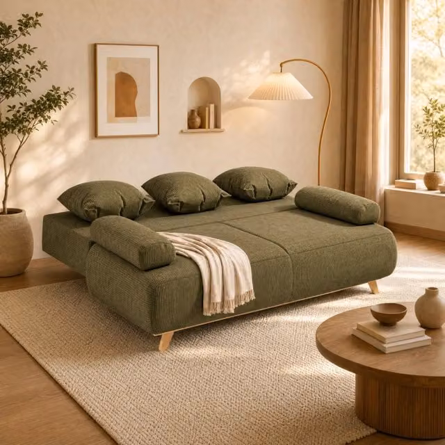 Divano letto 3 posti 188x140 cm con vano contenitore; corduroy verde scuro