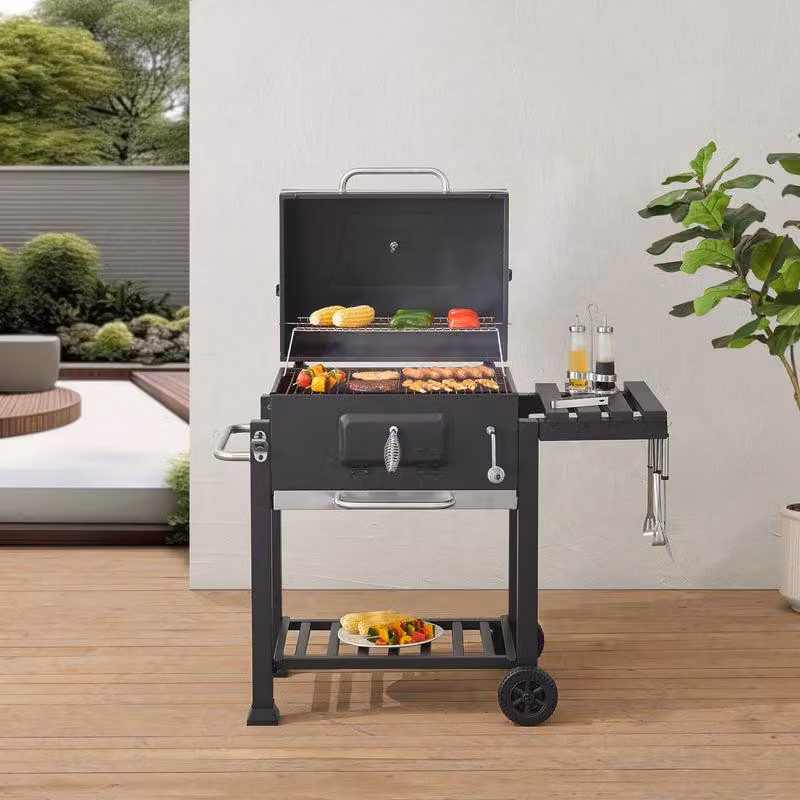 Grillwagen: barbecue a carbone con ampia superficie di cottura e termometro integrato