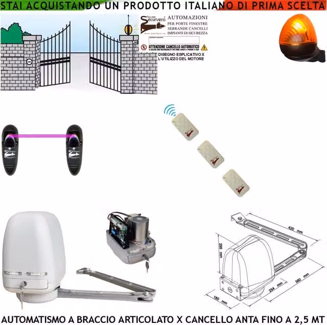 AUTOMATISMO CANCELLO KIT MOTORE A BRACCIO ARTICOLATO 230/24 V ANTA BATTENTE DA 0,5 A 2,5 MT CENTRALE 3 RADIOCOMANDI FARO FOTOCELLULE