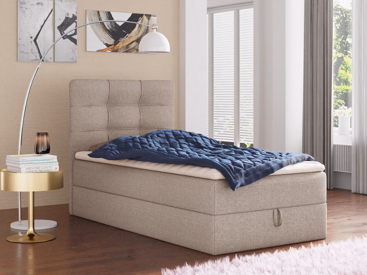 Letto boxspring Best Mini con contenitore e coprimaterasso - Letto singolo con materasso Bonell e coprimaterasso, letto imbottito, letto, camera da letto (Beige (Inari 22), 100 x 200 cm)