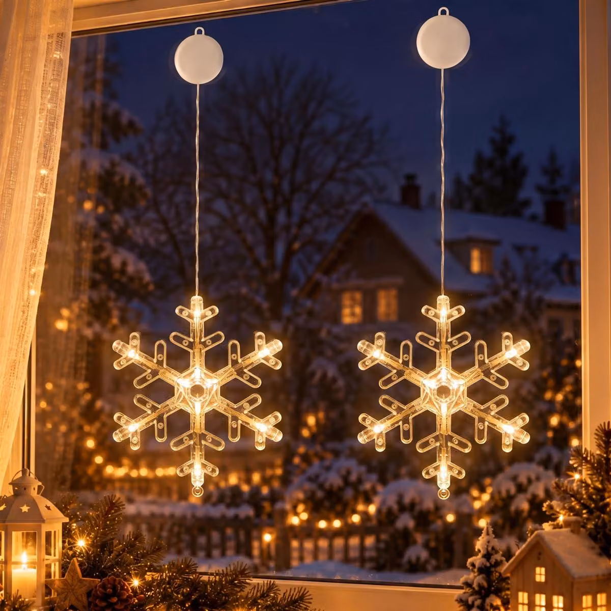 2-pack LED finestra fata luci con gancio di aspirazione a batteria decorazione di Natale festa decorazione, fiocco di neve