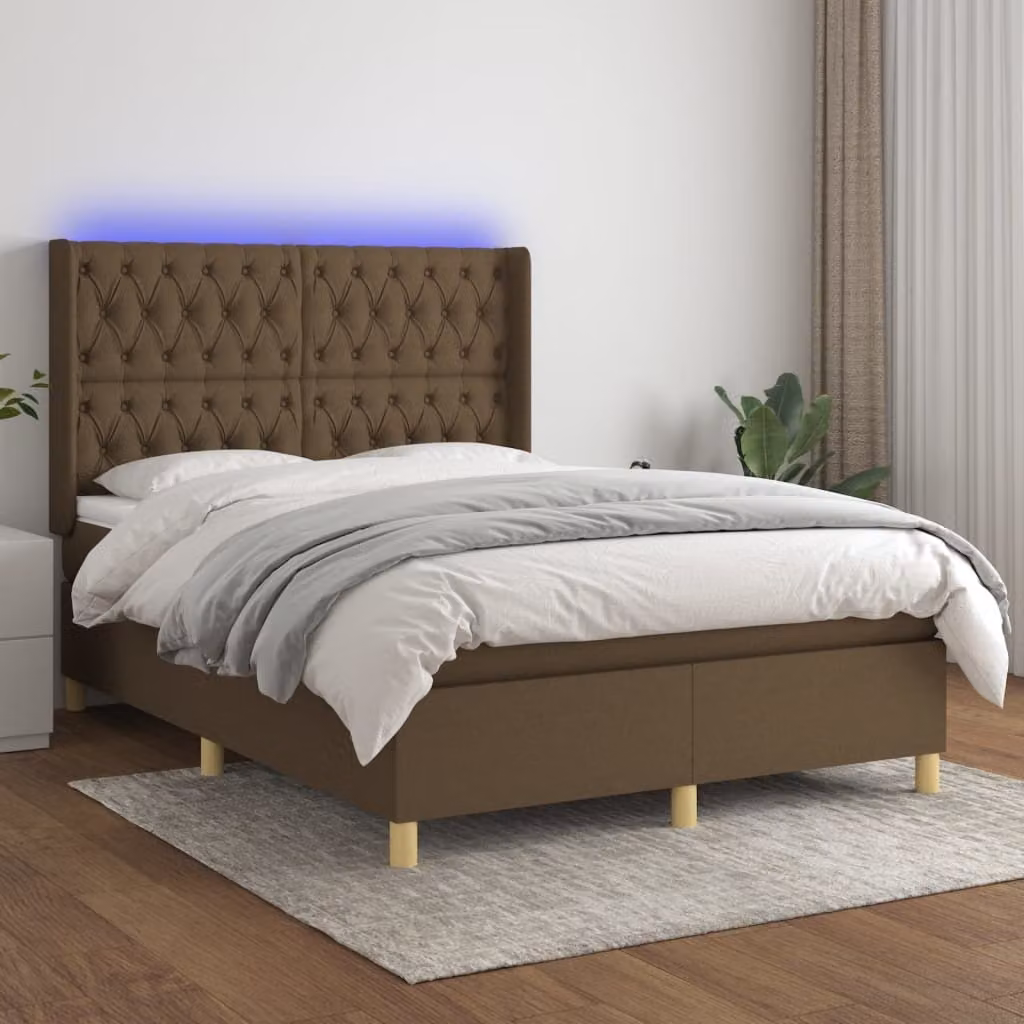 The Living Store Letto a molle con materasso e LED in tessuto marrone scuro 140x190 cm