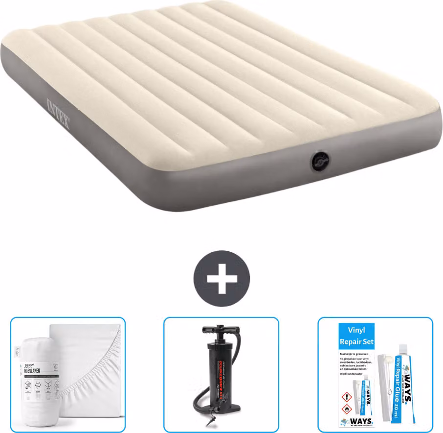 Letto gonfiabile Intex - 2 persone - 152 x 203 x 25 cm - Beige - lenzuolo incluso - pompa e kit di riparazione