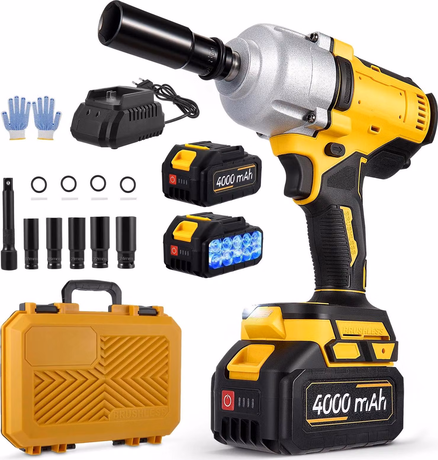 Avvitatore a percussione - 21 V senza spazzole - alimentato a batteria - 2 batterie da 4000 mAh - 3 livelli di potenza - 5 bussole - caricabatteria - prolunga - giallo