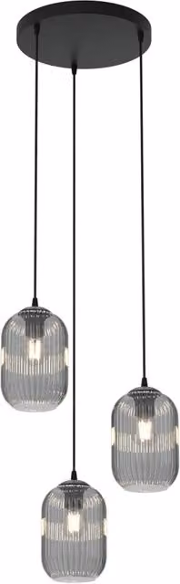 Lampadario a sospensione Luceart-Classic con 3 luci, base tonda in acciaio nero e vetri plissettati fumè grigi