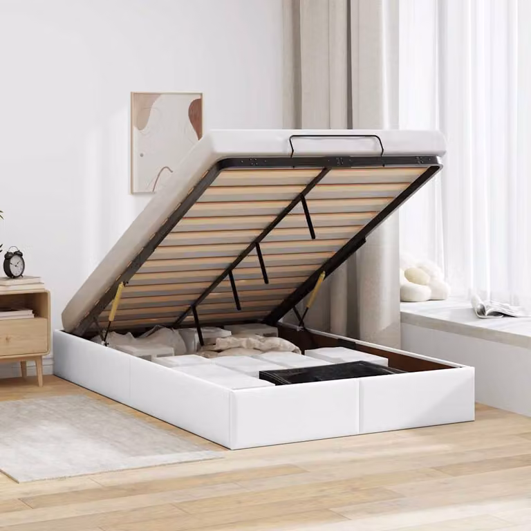 Struttura Letto Pouf con Contenitore a Sollevamento vidaXL in Similpelle Bianca L 120 x P 200 cm