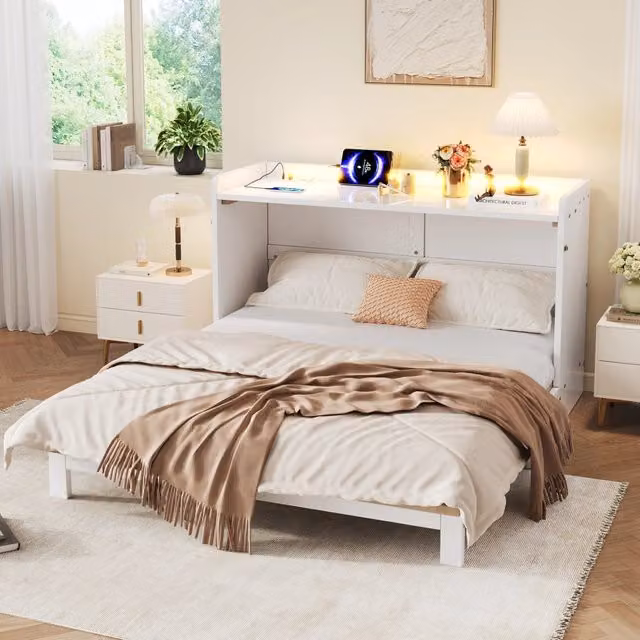 Letto contenitore a scomparsa WISHDOR con illuminazione LED, porta USB e presa Schuko, finitura lucida bianca, L/P/H: 140 x 200 cm