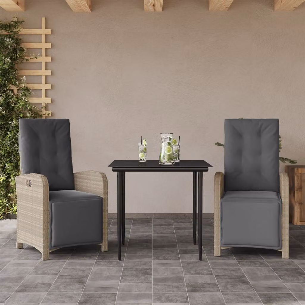 Set da Bistrò vidaXL 3 pz in Polyrattan con Cuscini Grigio Chiaro e Piano in Vetro Nero – 1