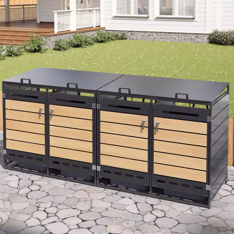 STILVORA: box per bidoni della spazzatura con coperchio idraulico e serratura, armadietto da giardino con rivestimento effetto legno e sistema di ventilazione, armadio portaoggetti in ferro per esterni