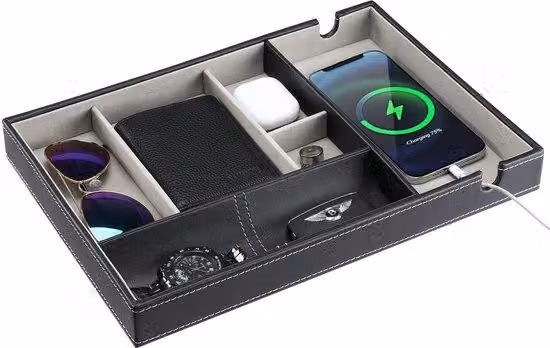 Portaoggetti da scrivania con 6 scomparti in Pelle finta, in PU, per smartphone, orologio, chiavi, portafoglio, nero