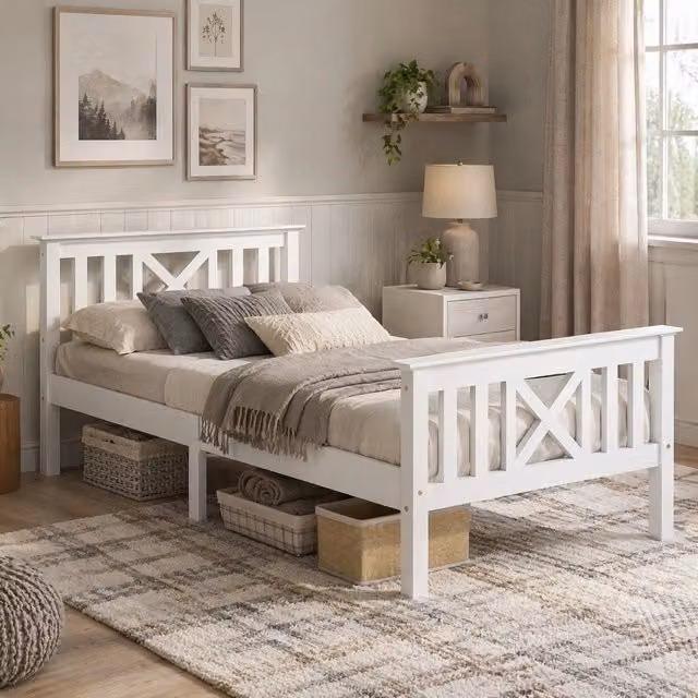 Letto singolo in legno massiccio di pino con doghe e testiera a X, 90 x 200 cm, bianco