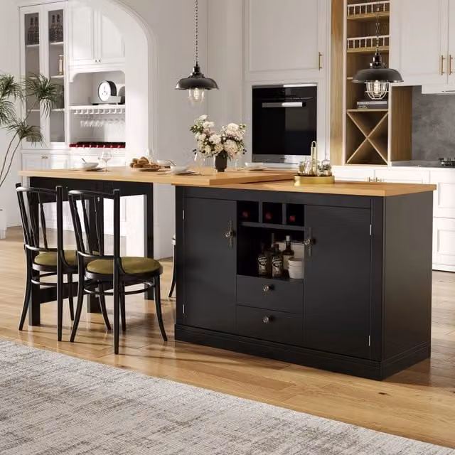 Tavolo da pranzo allungabile con mobile bar girevole e portabottiglie per soggiorno e studio in MDF nero naturale