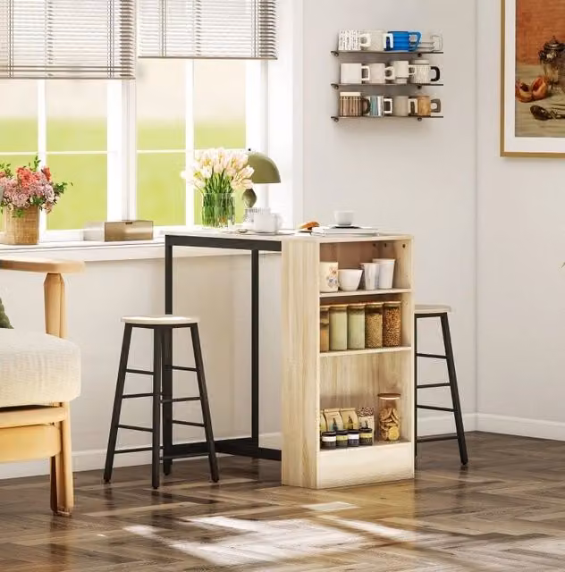 Set tavolo bar con 2 sgabelli, 3 pezzi in acciaio e effetto quercia, con spazio contenitivo, design moderno e salvaspazio