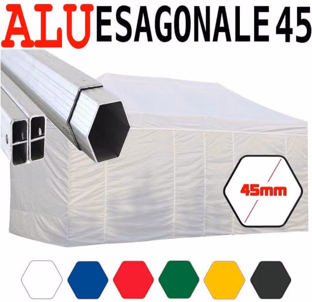 Gazebo 3X6 m bianco pieghevole alluminio piantone esagonale 45mm portatile estendibile richiudibile estensibile acciaio con laterali per fiere eventi stand chiosco tenda tendone mercato mercatino