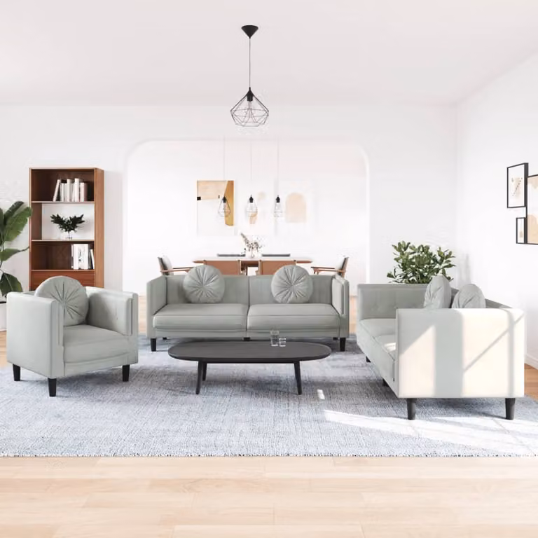 Set di divani 3 pezzi vidaXL in velluto grigio con cuscini e struttura in legno massiccio