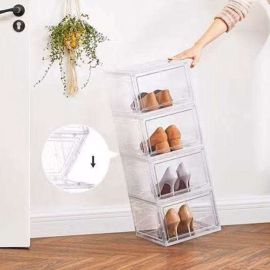 Sistema di conservazione per scarpe, cassa di plastica con porta, trasparente, box di plastica, set da 12, ripiegabile, facile da montare, 27 x 34,5 x 19 cm, per scarpe fino al numero 46, bianco LSP032W12V1