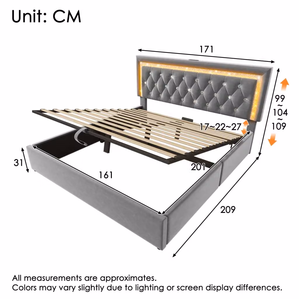 Letto matrimoniale moderno KOMHTOM in velluto grigio con base contenitore a sollevamento, illuminazione sottostante e porta USB, L/P/H: 160 x 200 x 171 cm – 2