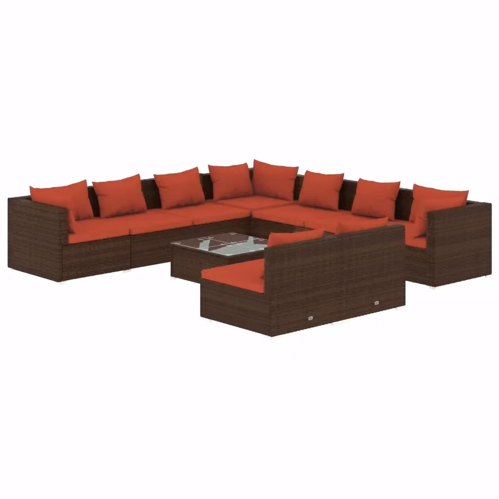 Set da giardino moderno vidaXL composto da 10 pezzi con divano a L, elementi angolari, tavolino da caffè e cuscini in tessuto marrone e rosso con struttura in metallo e rattan – 2
