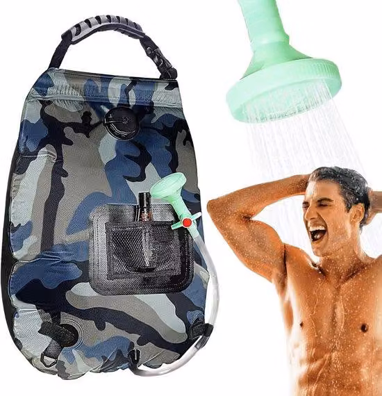 Piccola valigetta doccia solare portatile in stile militare, da 5 galloni, con tubo flessibile e interruttore rimovibili, ideale per il campeggio, l'escursionismo, i viaggi e la spiaggia