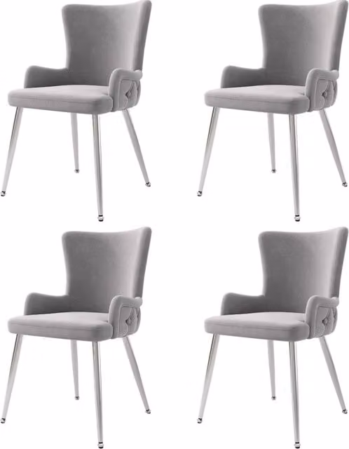 Set di 4 sedie da pranzo in velluto grigio con gambe in metallo argento